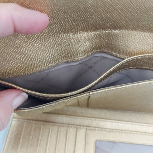 Michael Kors Jet Set Travel Large Trifold Leather Wallet Gold - Picture 7 of 8